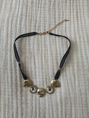 (2/15$)Gold Skull Accent Necklace with Black Ribbon